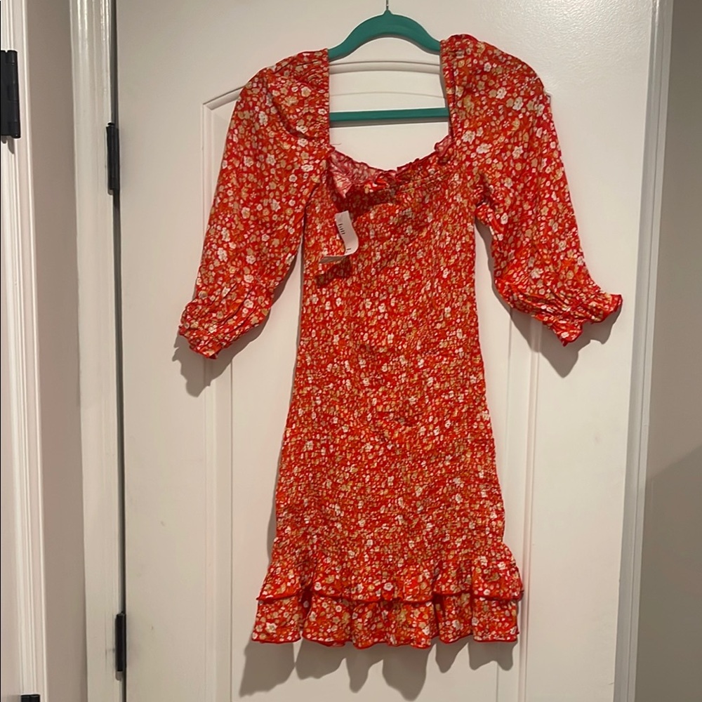 Urban outfitters Shirred Floral Red Dress with Ruffle Hem